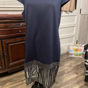 Gabby Skye Navy Midi Dress with Metallic-Patterned Hem